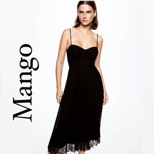 Mango Black Floral Lace Pleated Midi Dress | Cocktail Evening Prom Nude Illusion